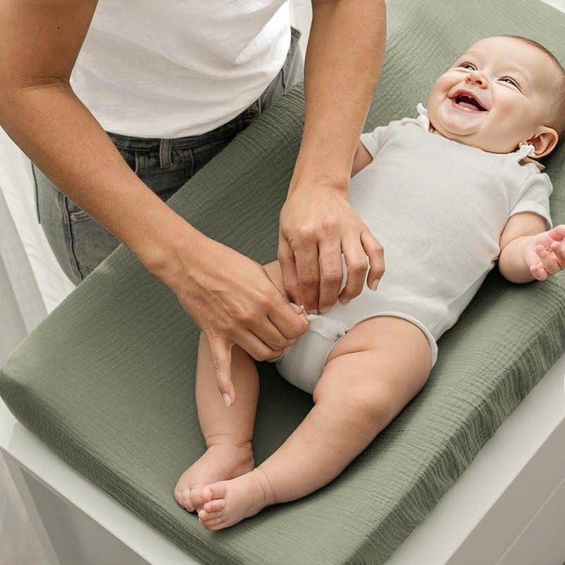Coreeky 3 Pack Muslin Changing Pad Covers for Girl Boy, 100% Soft Cotton Changing Table Cover, Breathable Baby Nursery Diaper Chang Pad Sheets (Pistachio) - Image 3